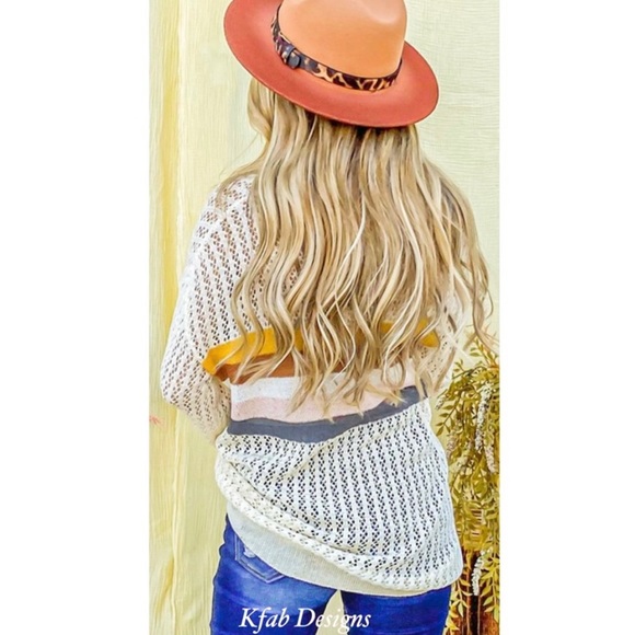 New! Clearance Colorblock Eyelet Hole Striped Lightweight Long Sleeve Sweater - Picture 8 of 9